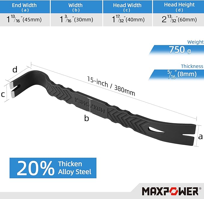 MAXPOWER 2Pcs Pry Bar Set, Heavy Duty Flat Pry Bar 15-inch and Claw Nail Puller 12-inch, Strikable Head and Full Body Drop Forged Crowbar Tools