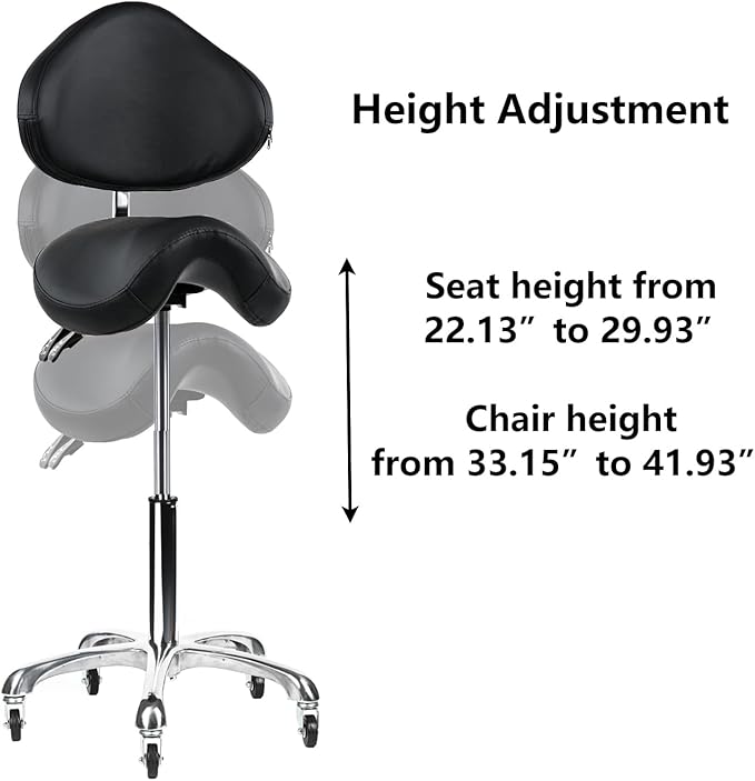 Saddle Stool Rolling Chair with Back Support Swivel Adjustable Height Ergonomic Thick Seat Cushion with Wheels for Nail Lash Tech Esthetician Tattoo Artist Salon Hair Cutting Stylist Black
