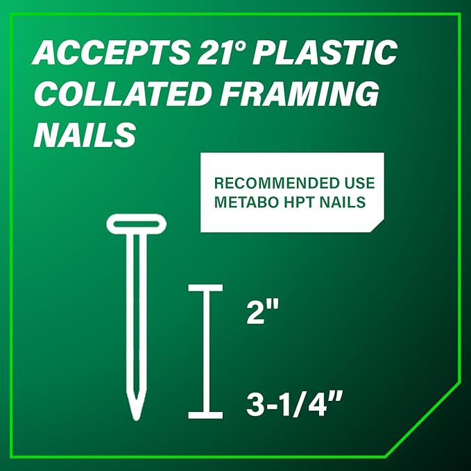 Metabo HPT Framing Nailer, Pro-Preferred Pneumatic Power Nailer & Framing Tool for Flooring, Roof Decking, Selectable Trigger & Rafter Hook, 21° 2" to 3-1/4" Plastic Collated Nails, NR83A5