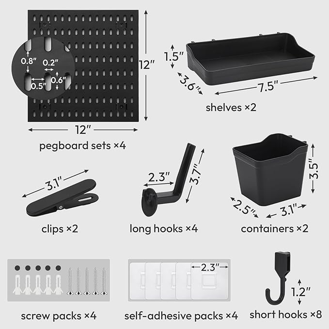 4Pcs Black Peg Board Wall Organizer, Plastic Pegboard Panel, Garage Storage Tool Organizer for Wall, Craft Room, Kitchen, Workshop, Office, Includes Hooks and Bins