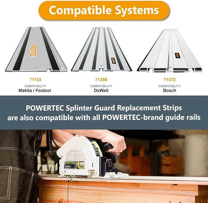 POWERTEC Track Saw Guide Rail Accessory Kit for Festool, Makita and DeWalt, Includes 2PK 118" Guide Rail Splinter Guard Replacement Strip and Set of 4 Guide Rail Connectors (72049)