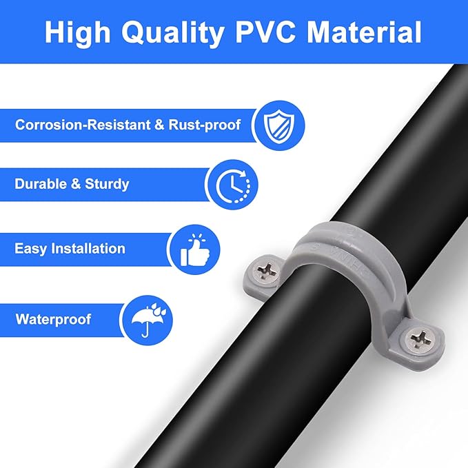 1/2 Inch PVC Pipe Strap, 2-Holes Conduit Pipe Clamps Plastic Pipe Supports (Grey,20 Pcs)