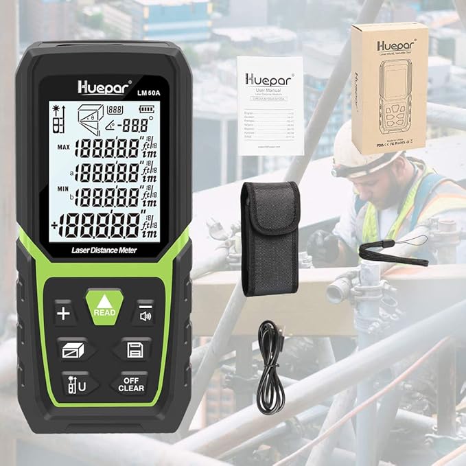 Huepar Laser Distance Measure 165Ft with Li-ion Battery & Electric Angle Sensor, Backlit LCD Laser Measure Ft/in/M with High Accuracy Multi-Measurement Modes, Pythagorean, Distance, Area&Volume-LM50A