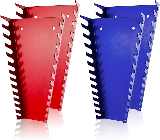 ALOANES Steel Wrench Organizer, 52-Slot Tool Organizer Set Wall Mounted & Hanging, 4 Pack Wrench Holders Fit SAE & Metric Wrench Storage(Red&Blue)