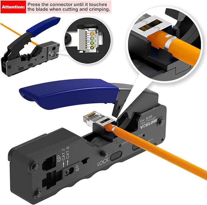 VCELINK RJ45 Crimp Tool Kit for Cat6/Cat7, All-In-One Network Crimper with RJ45 Cat6a/Cat7 Pass-Thru Connectors, Network Cable Tester, Wire Stripper, rj45/rj12/rj11 DIY Repair Set