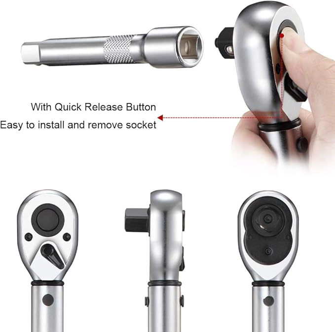 1/2-inch Drive Click Torque Wrench Set Dual-Direction Adjustable 90-tooth Torque Wrench with Buckle（10-160ft.lb / 10-220Nm）