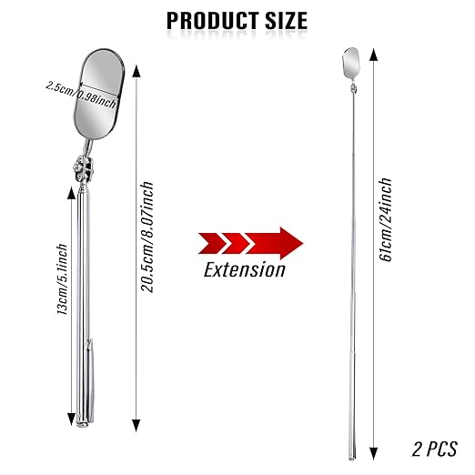Telescoping Inspection Mirror, 2 Piece Car Inspection Mirror, Stainless Steel Mechanic Mirror,Retractable Extension Mirror,Flexible Inspection Mirror for Checking Vehicle and Small Details (8~24 Inch)