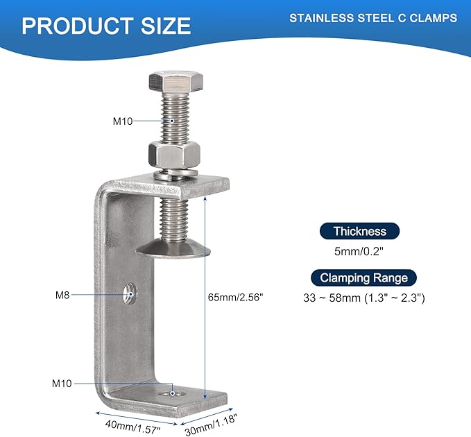 2 Pack 304 Stainless Steel C Clamps with 65mm/2.56" Stable Wide Jaw Opening Tiger Clamp for Woodworking Welding Construction Household Mount