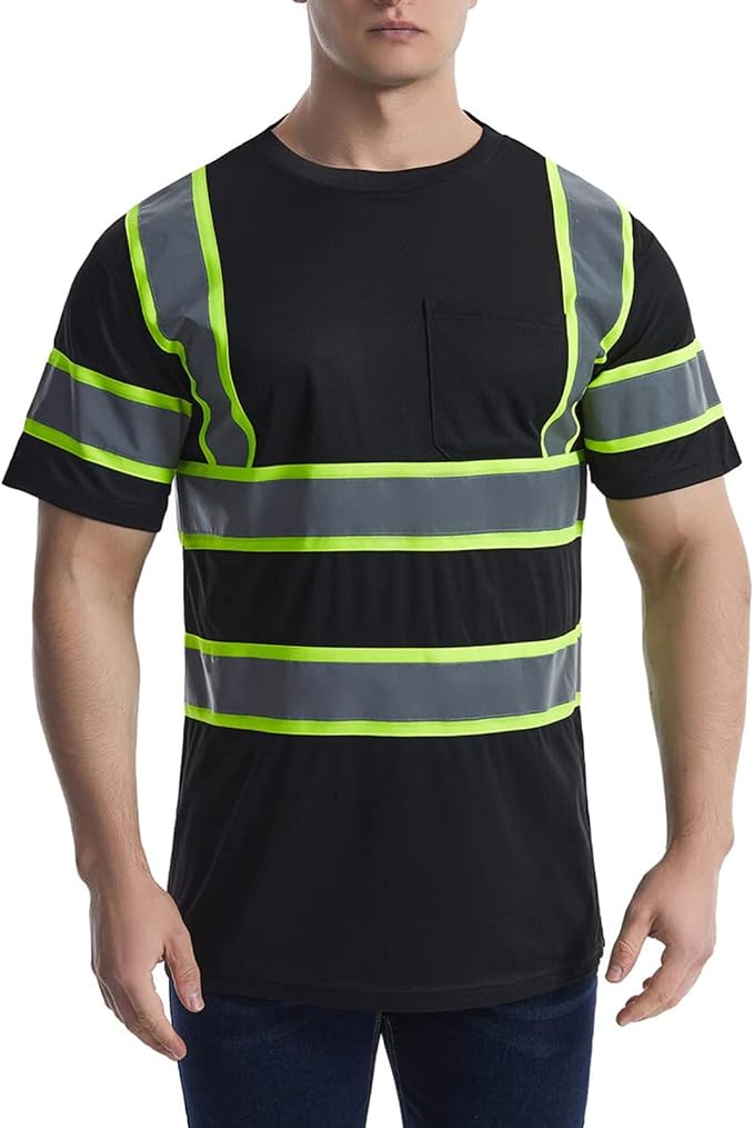 High Visibility Shirts Quick Dry Safety T Shirts with Reflective Strips and Pocket Short Sleeve Mesh Hi Vis Construction Work Class 2 Shirt for Men/Women Black,XL
