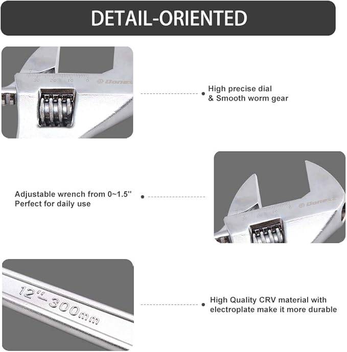 Donext 12 Inch Adjustable Wrench Professional Hand Tool CR-V Steel Crescent Wrench