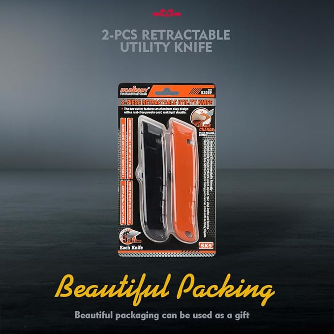 HORUSDY 2-Pack Box Cutter Utility Knife, Heavy Duty Aluminum Shell Retractable Box Cutter for Cardboard, Boxes and Cartons, Extra 10 Blades.