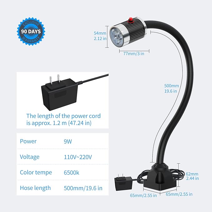 Led Work Light,IP65 Water Proof Flexible Gooseneck Lamp, Led Light gooseneck 900 Lumen for Lathe Milling, Drill Press, Industrial Lighting