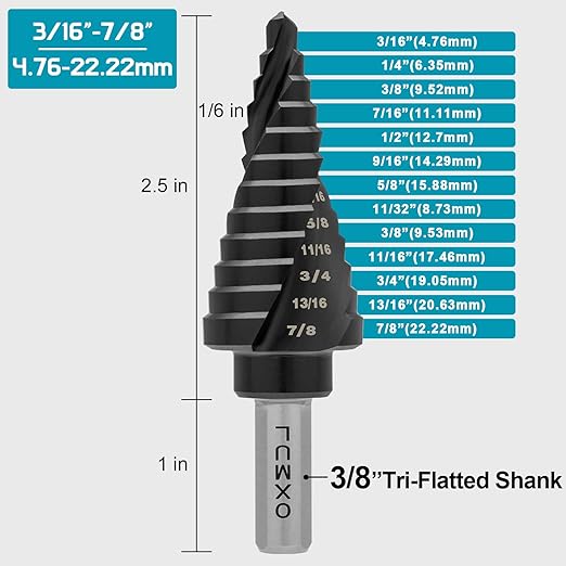 M35 Step Drill Bit for Metal, 3/16 to 7/8, Cobalt Bits, Extra-Heavy Duty for Stainless Steel, Hard Steel, Mild Metal, Aluminum, Wood, Industrial Grade, 12-Steps. Co35A2