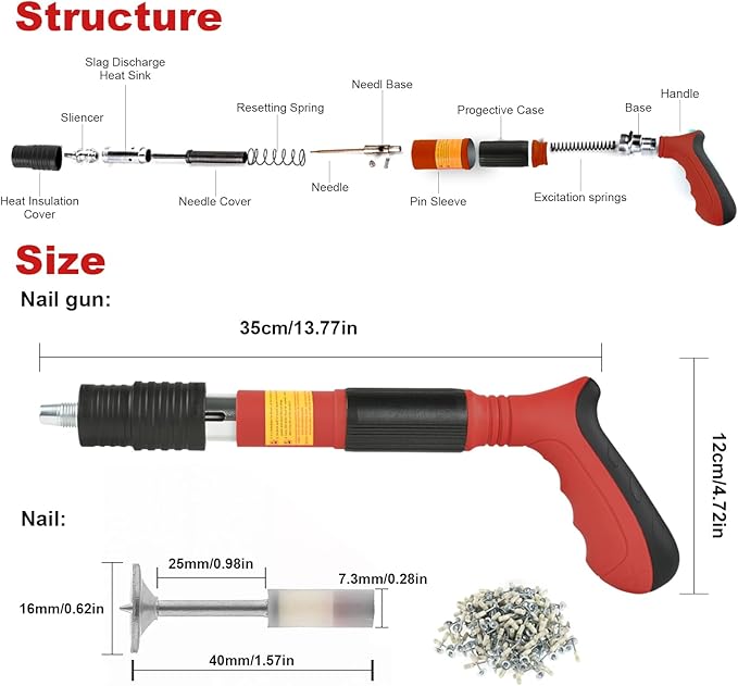 Concrete Nail Gun Kit with 110pcs Nails, Steel Nail Gun, Manual Nail Gun for Concrete, Portable Woodworking Decoration Concrete Nailer Gun, Nail Shooter Gun, 5 Speed Wall Fastening Tool