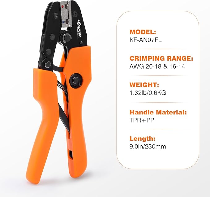 KF CPTEC Ratcheting Crimping Tool for 90° Insulated Flag Terminals, AWG 20-18 & 16-14 – Precision Electrical Terminal Crimper with Adjustable Crimp Force