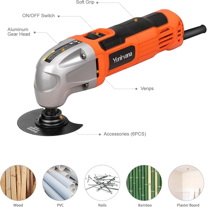 Oscillating Multi-Tool, 22000 OPM, 1.5A, 3° Oscillation Angle, 10-Piece Accessory Kit: 3 Saw Blades, Semi-Circle Blade, Sanding Plate, 6 Sanding Papers for Cutting, Grinding, Sanding