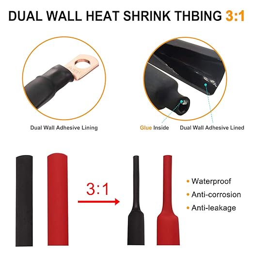 SVAAR 0 Gauge 2 Gauge 4 Gauge Terminals Copper Lugs kit Tinned Copper Wire Lugs with 5/16" and 3/8" Ring Terminals Battery Cable Lugs Terminal Connectors Heavy Duty Crimp Cable Ends + 3:1 Heat Shrink
