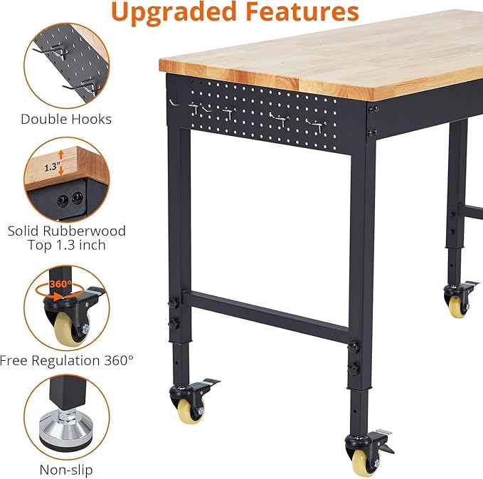 48x24 Inch Garage Workbench with Wheels, Adjustable Rubber Wood Top Garage Workbench with Power Outlet, 2000 Lbs Load Capacity, for Workshop, Woodworking, Office, Home.