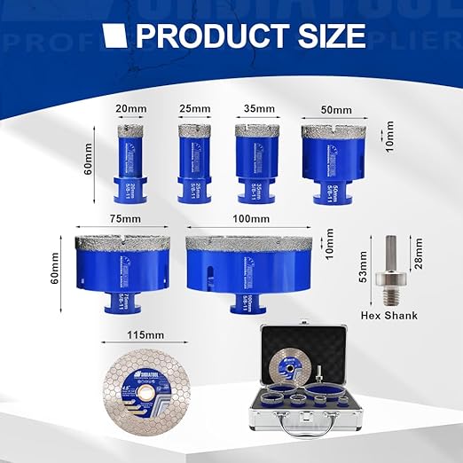 SHDIATOOL Diamond Tile Drill Bits Kit 8pcs, Porcelain Hole Saw Sets, Core Bits Cutter for Drilling Ceramic Marble Granite (20/25/35/50/75/100MM/HEX/4.5")