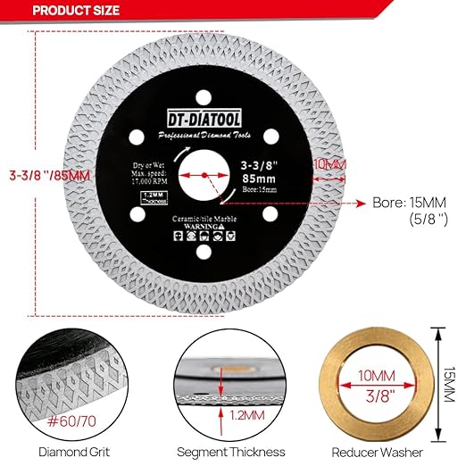 DT-DIATOOL Diamond Tile Blade 3-3/8" (85mm) Cutting Porcelain Tile Ceramic Marble Granite Circular Saw Blade with X Mesh Segment Arbor 10mm-15mm Pack of 5