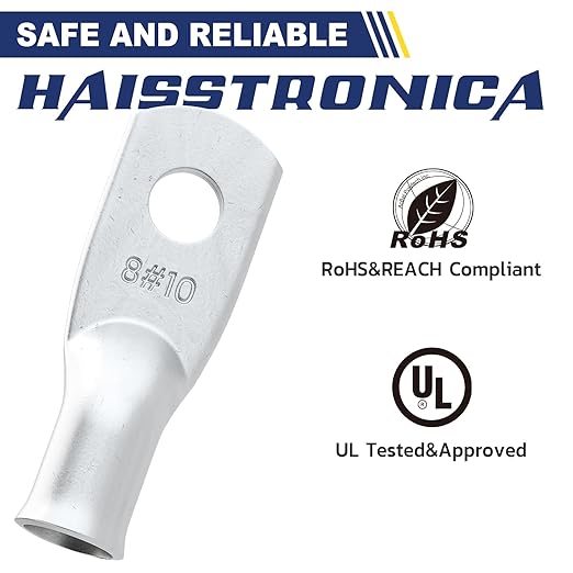 haisstronica 10pcs 8 AWG - #10 Tinned Copper Battery Lugs, Heavy Duty Copper Wire Lugs with 10pcs 3:1 Adhesive Heat Shrink Tubing, 8 Gauge Wire Lugs, Tinned Copper Battery Cable Ends