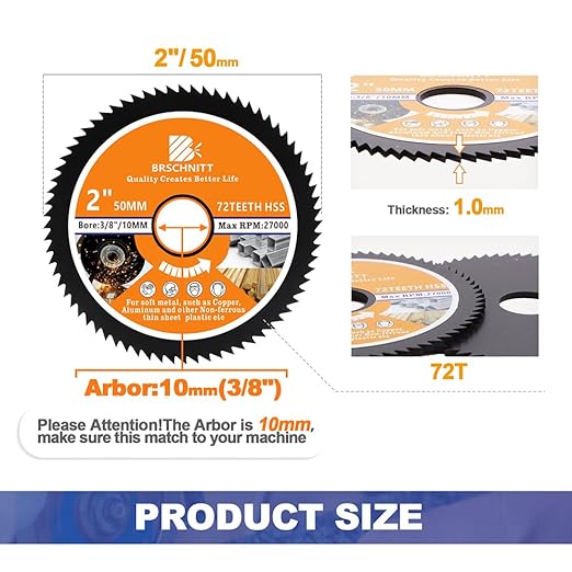 HSS Circular Saw Blade 2inch - BRSCHNITT 8PCS 72T 10mm Bore Cutting Discs for Cutting Wood, Copper, Aluminum, Plastic and Soft Metal