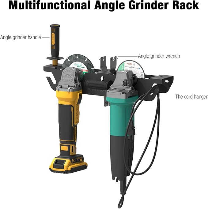 UNITEDPOWER Angle Grinder Holder - 4 Bay Angle Grinder Rack/Stand Storage Rack with Cord Hanger, Wall mount Bracket for Cutters Polishers, Garage and Workspace.