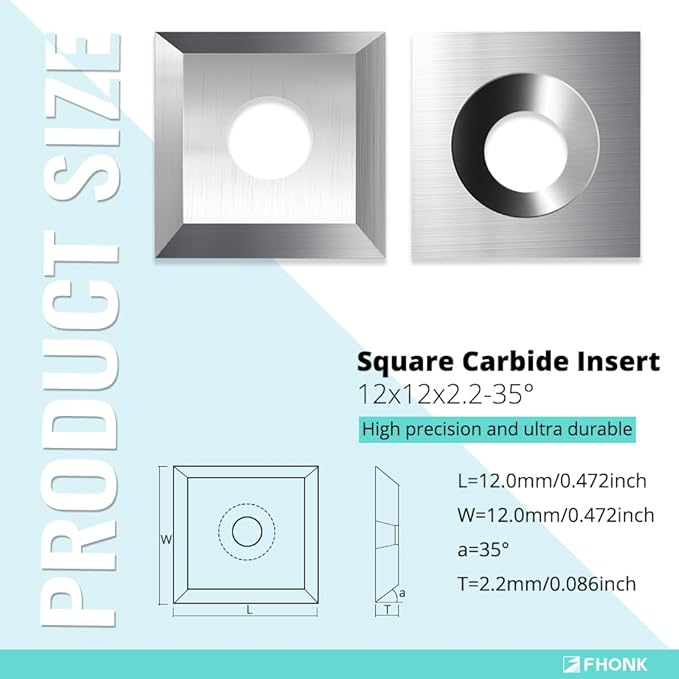 12mm Square Straight Carbide Cutters, for Woodturning Replacement Cutter Knives, Fits Spiral, Helical Planer Cutter, Wood Lathe Turning Tool, 10-Piece (12x12x2.2-35°)