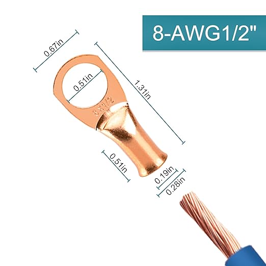 Battery Cable Ends, 8PCS 8 Gauge Wire Connectors 1/2 Copper Wire Lugs, Bare Copper Eyelets with Heat Shrink Tubing
