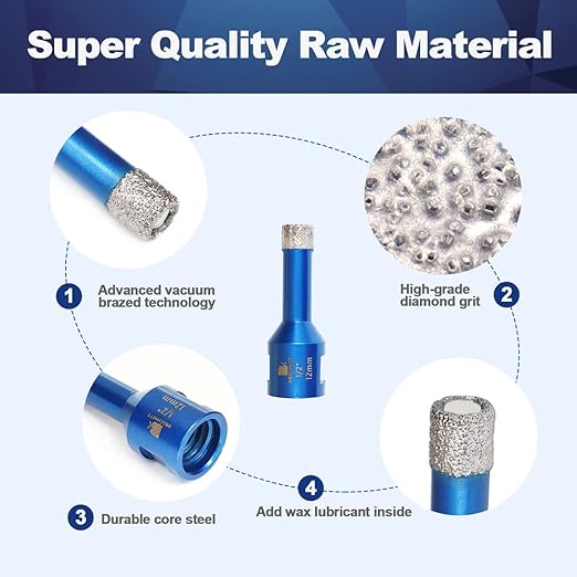 1/2 Inch Diamond Core Drill Bit for Porcelain Tile Ceramic Marble Granite Drilling,BRSCHNITT 1pc Vacuum Brazed Diamond Hole Saw with 5/8-11 Thread (12mm)