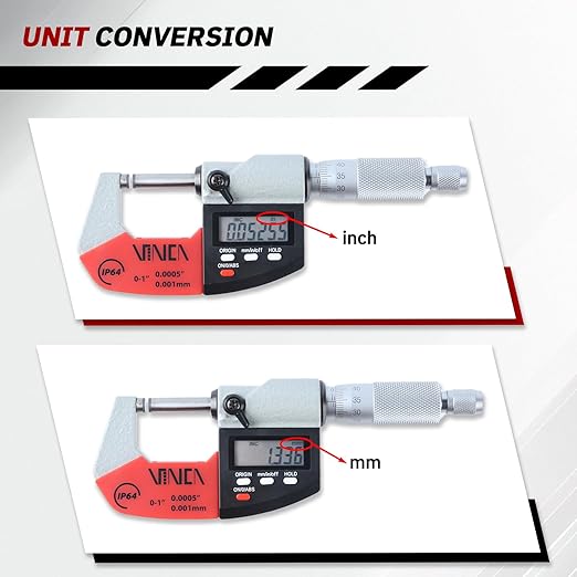 VINCA Absolute IP64 Origin Digital Micrometer, DMCA-0105 0-1"/0-25mm, 0.00005" /0.001mm Resolution, Hold Function, Carbide Tip