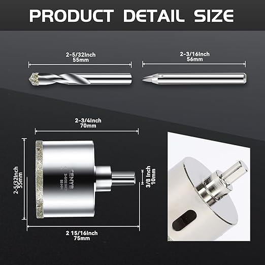 2-5/32inch | 55mm Diamond Hole Saw with Center Drill bit and Diamond-Coated Center Drill bit for Ceramic Glass Marble Fiberglass Granite and Porcelain Tiles by CENYB