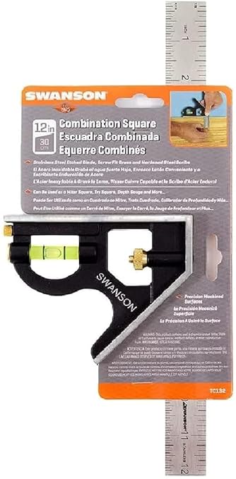 Swanson Tool Co TC132 12-Inch Combo Square with Cast Zinc Body, Stainless Steel Ruler and Brass Bolt