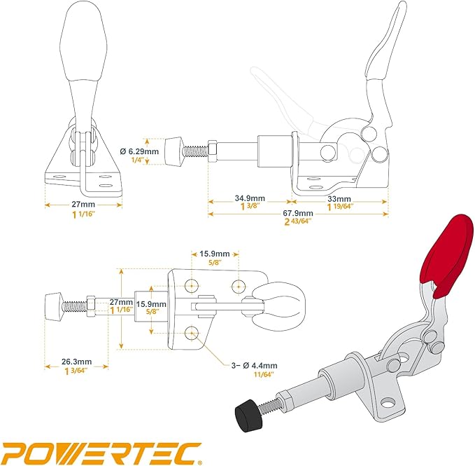 POWERTEC 2PK Toggle Clamp, 100lbs Holding Capacity, 301A Quick Release Push Pull Clamp for Woodworking Jigs and Fixtures, Pocket Hole Jigs, Welding, Crosscut Sled, CNC (20323)
