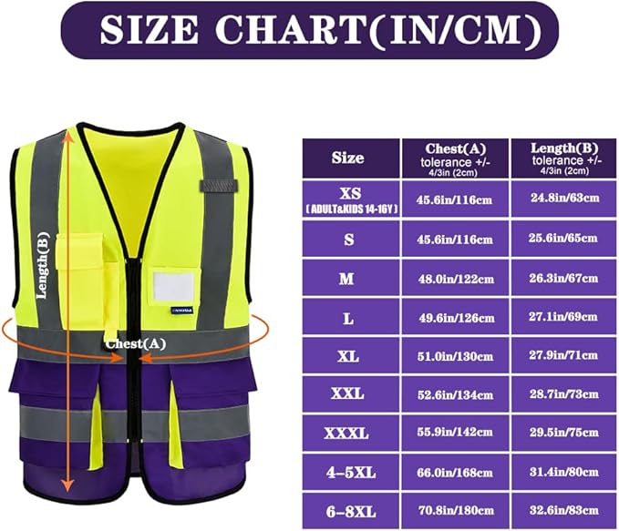 A-SAFETY Yellow purple reflective Working Vest with Zipper Pockets