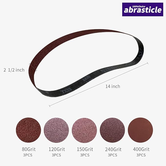 15 Pcs 2-1/2 x 14 Inch Assorted Aluminum Oxide Sanding Belt - 80/120/150/240/400 Grit
