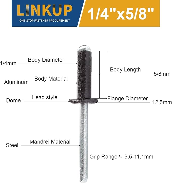 Linkup 60pcs pack 1/4" x 5/8" Black pop blind Rivets, 6.4mm x 16mm Black pop rivets,Aluminum Body Steel Mandrel Rivets (Black),Dome Head aluminum rivets