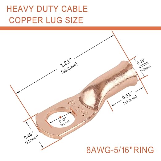 10pcs 8 AWG-5/16”(M8) Ring Terminals 8 Gauge Copper Wire Lugs Battery Cable Ends Heavy Duty Battery Cable Terminal Connectors