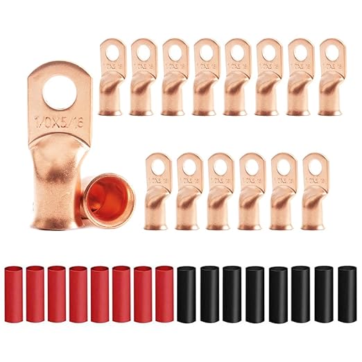16Pcs 1/0 AWG 5/16" Stud Heavy Duty Copper Wire Lugs with 16Pcs Heat Shrink Tubing 1/0 Gauge Ring Terminals Battery Cable Ends Bare Copper Eyelets Tubular Ring Terminal for Car Boat Marine