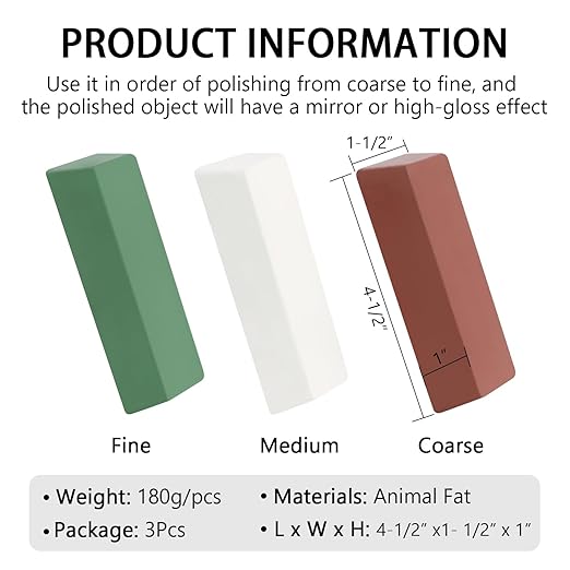 Buffing Polishing Cutting Compounds 20 Oz.Kit-Green Fine/White Medium/Red Coarse,for Stainless Steel Aluminum Jewelry - 3 Pcs