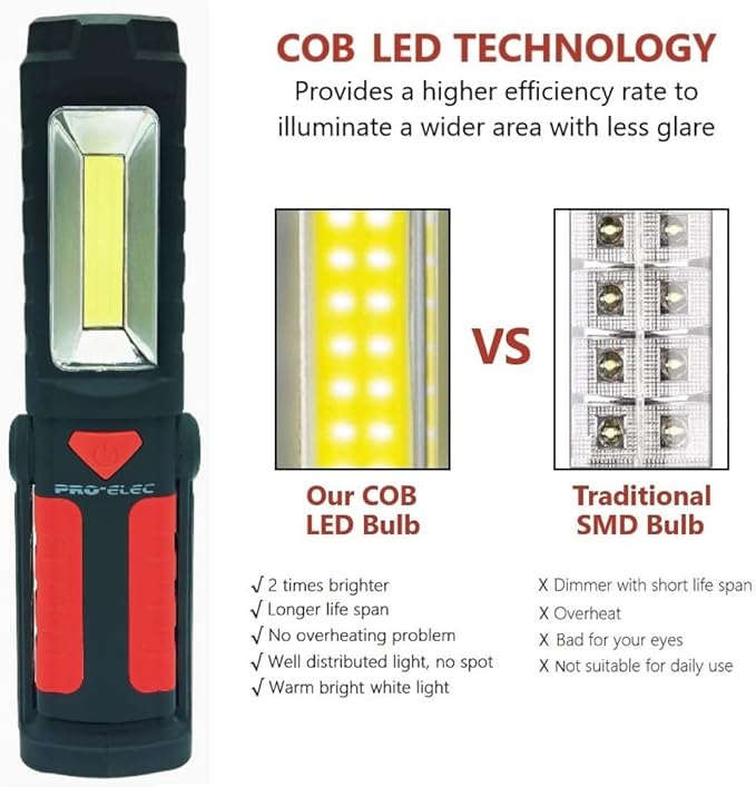 PROELEC Portable LED Work Light, Pivot COB Magnetic Flashlight with 180° Swivel Magnet Base & 360° Hanging Hook, 250LM Super Bright Mechanic Car Emergency Flash Light, Battery Operated - Pack of 1