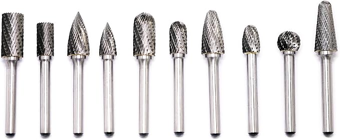 10pcs Carbide Burrs Set with 1/4'' Shank Double Cut Solid Power Tools Tungsten Carbide Rotary Files Bits for Die Grinder Metal Wood Carving Engraving Polishing Drilling Grinding Milling Cutting