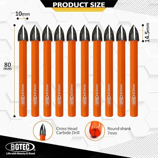 Carbide Tip Drill Bit-BGTEC Wood Drill Bits, 10pcs Round Shank 3/8" Cross Hard Alloy Drill Bits for Wood Plastic Masonry Brick