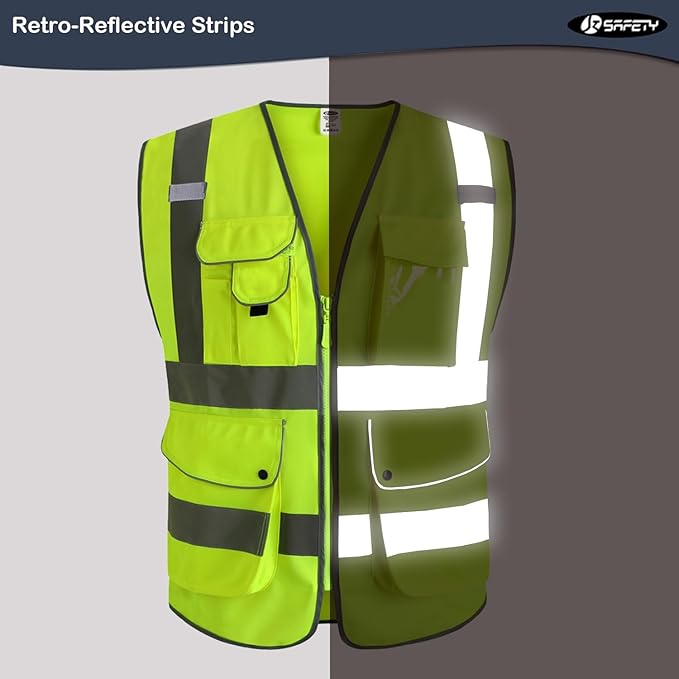 JKSafety 20 Pack 9 Pockets Class 2 High Visibility Zipper Front Safety Vest With Reflective Strips,Meets ANSI/ISEA Standard (X-Large, 156-Yellow)