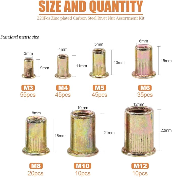 Keadic 220Pcs Metric Zinc Plated Carbon Steel Rivet Nut Flat Head Threaded Insert Nutsert Assortment Kit - 7 Sizes：M3 M4 M5 M6 M8 M10 M12