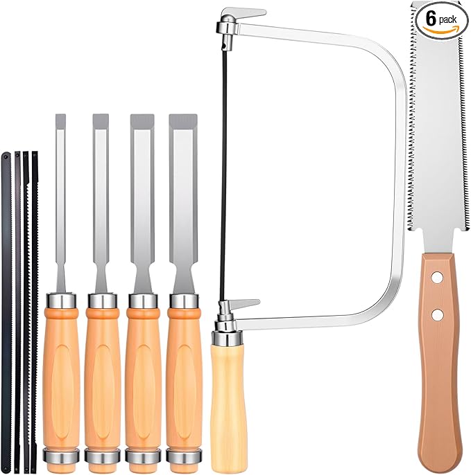 6 Pcs Professional Woodworking Tools Set 4 Piece Wood Chisel Bevel Edge Chisel Set 1/4", 1/2", 3/4" and 1" 6-inch Woodworking Saw Flexible Double-edge Blade 17/11 Tpi Protouch Coping Saw