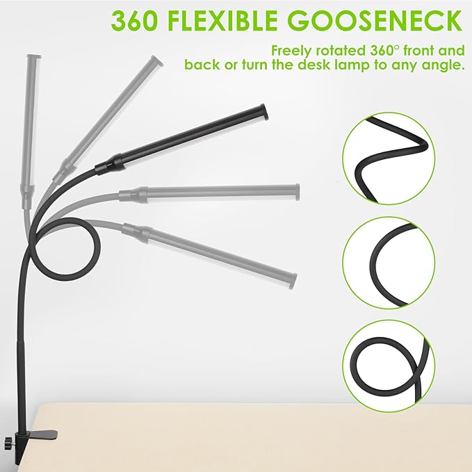 ShineTech LED Desk lamp with Clamp, 4000K Natural White 11 Brightness Level Eye-Caring Clip Lights for Home Office, Flexible Gooseneck USB Adapter, Black