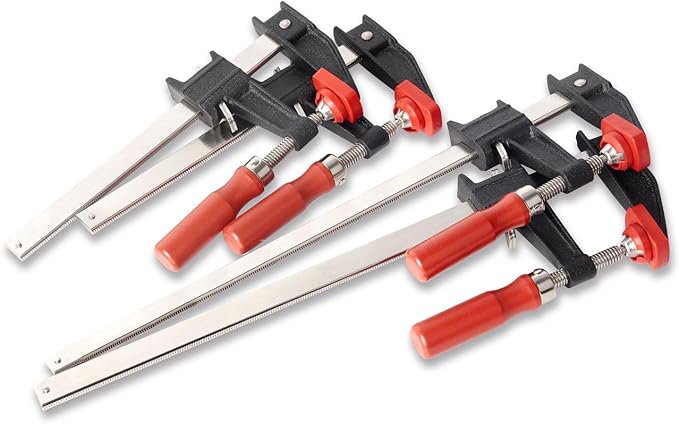 BESSEY GSCC4PK-C Clamp Set for Woodworking, F-style with Wood Handle, Replaceable Pads, 2 x 6 In and 2 x 12 In, 600 lb, Red/Black/Silver