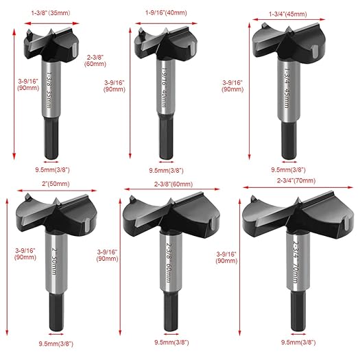 ASNOMY 6PCS Large Size Forstner Bit set, 1-3/8Inch to 2-3/4Inch Carbide Tipped Forstner Drill Bit for Hard Wood, Wood Drilling bit Set Woodworking Hinge Cutter Tool Kits for Wood Plastic Plywood