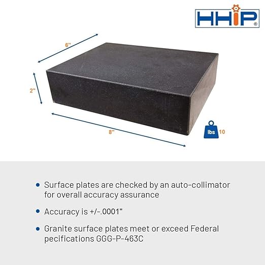 HHIP 4401-1597 6" X 8" X 2" Granite Surface Plate, Grade B, 0 Ledge
